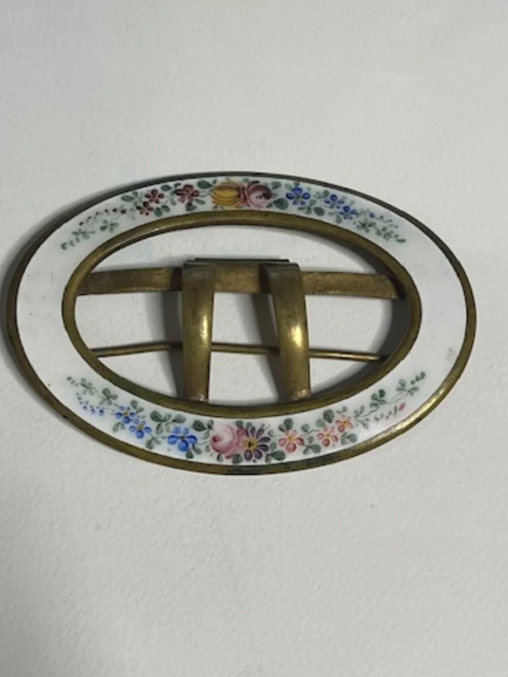 VTG Oval Enamel Floral & Brass Belt Scarf Belt Buckle Hand-Painted 3.5